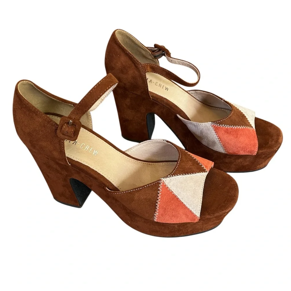 Chelsea Crew Brown & Orange color block Suede quilted Platform peep toe size 40